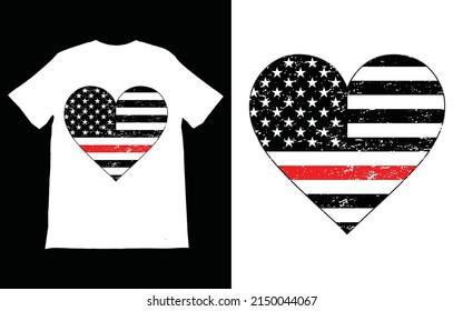 Thin Red Line Firefighter USA Flag T-Shirt Vector Design.