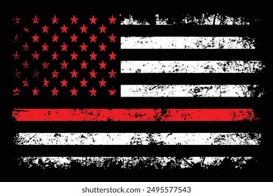 Thin Red Line With USA Distressed Flag. American Firefighter Support Flag