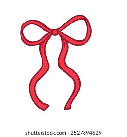 Fino arco de fita vermelho. Ilustração desenhada à mão em arco vermelho. Decoração de aniversário, Natal e Dia dos Namorados. Empacotamento de presentes. Ilustração vetorial. Elemento romântico.