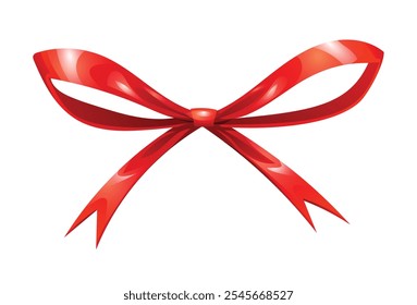Thin red ribbon bow with long, pointed tails, suitable for gift decoration. Vector cartoon illustration