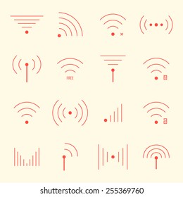 thin red wifi icons on yellow background. concept of free internet point, free access, wifi zone, wi-fi connection via radio waves, wifi area. flat style modern thin line design vector illustration