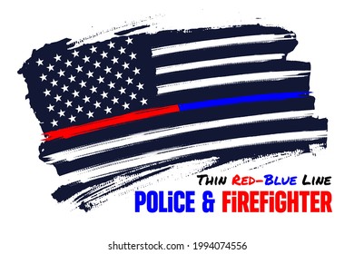 Thin red-blue line, Distressed american flag vector template. Symbol of police, firefighter, EMS. Illustration for poster, card, banner. 