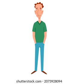a thin, red-haired man with his hands in his pockets.