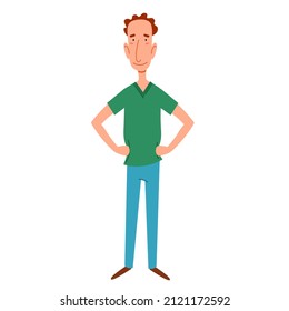 a thin, red-haired man with his hands on his waist.