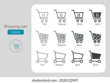 Thin, regular, bold and solid Icon set in vector and illustration. Linear icon collection. Editable stroke. Store shopping cart stock vector. Trolley and grocery basket. Shopping cart vector icons set