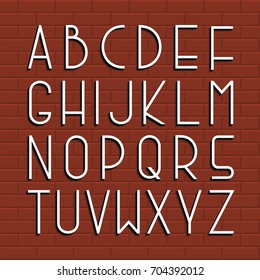 Thin retro font. Vector english alphabet. Creative latin minimalistic letters with shadows on brick wall background.