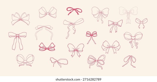 Conjunto de coqueta rosa accesorio de lazo de cinta delgada. Caprichoso elemento de regalo vintage dibujado a mano para invitación romántica, cumpleaños, tarjeta, diseño de boda
