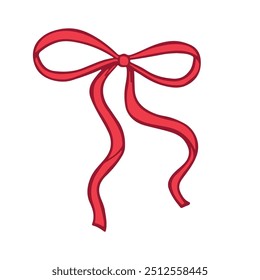 Thin ribbon bow. Hand drawn red bow illustration. Birthday, Christmas, and Valentine's Day decoration. Gift wrapping. Vector illustration. Romantic element. 