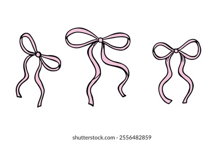 Thin ribbon bows. Pink hand drawn bows for gifts. Birthday, Christmas, and Valentine's Day decoration. Gift wrapping. Vector illustration. Romantic elements.	