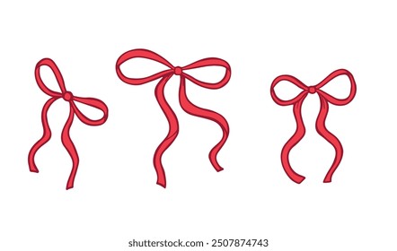 Thin ribbon bows. Red drawn bows for gifts. Birthday, Christmas, and Valentine's Day decoration. Gift wrapping. Vector illustration. Romantic elements. 