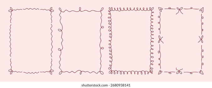 Dünne romantische Rahmen mit Schleifen Herzen und eleganten Linien handgezeichnet. Vektorgrafik.