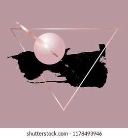 Thin rose gold triangular frame, 3d ball and black brush strokes on a dusty pink background.