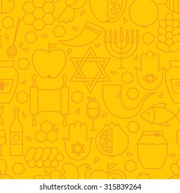 Thin Rosh Hashanah Line Holiday Seamless Yellow Pattern. Vector Jewish New Year Design and Seamless Background in Trendy Modern Line Style. Thin Outline Art. Israel Judaism Religion