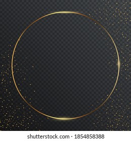 Thin round golden geometric border and confetti on dark transparent background. Glossy circle banner with copyspace. Vector elegant colorful wallpaper design.