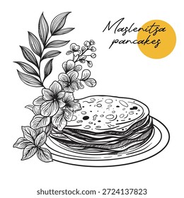 Delgadas tortitas rusas o blini en un plato con flores. Línea de arte boceto dibujado a mano ilustración. Maslenitsa concepto festivo. Crepes franceses.