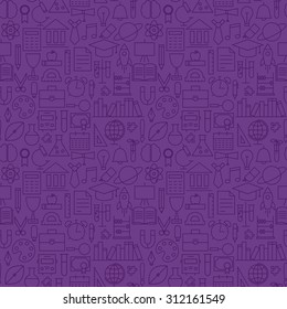 Thin School Line Education Knowledge Purple Seamless Pattern. Vector Science Design and Seamless Background in Trendy Modern Line Style. Thin Outline Art