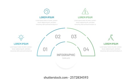 A thin semicircular line chart divided into four parts. Template for presentation slides, website, report, startup, business. Editable icons, bright colors