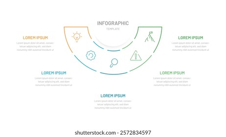 A thin semicircular line chart divided into five parts. Template for presentation slides, website, report, startup, business. Editable icons, bright colors