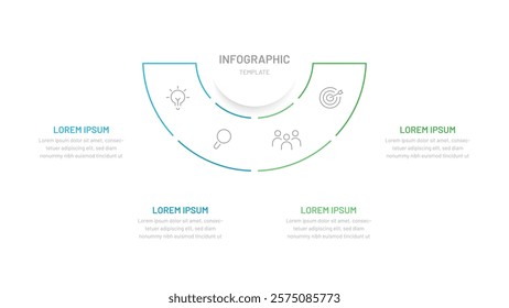 A thin semicircular line chart divided into four parts. Template for presentation slides, website, report, startup, business. Editable icons, bright colors