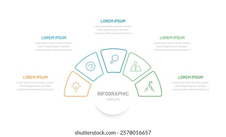 A thin semicircular line chart divided into five parts. Template for presentation slides, website, report, startup, business. Editable icons, bright colors