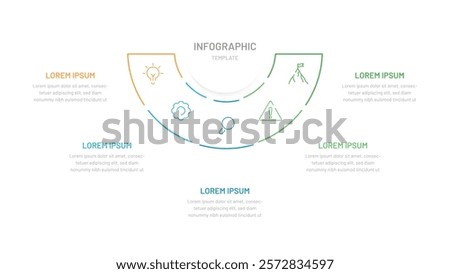 A thin semicircular line chart divided into five parts. Template for presentation slides, website, report, startup, business. Editable icons, bright colors