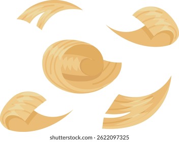 Thin shavings of light brown wood curl and twist, forming eye catching spirals and dynamic shapes against a clean white backdrop, evoking the artistry of woodworking and carpentry