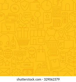 Thin Shopping Business Line Commerce Yellow Seamless Pattern. Vector E-commerce And Marketplace Design And Seamless Background In Trendy Modern Line Style. Thin Outline Art