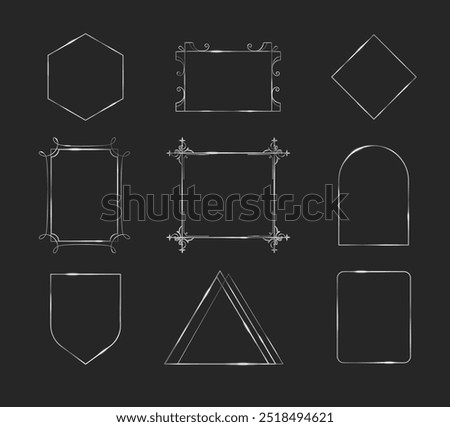 Thin silver frame. Metal square border for picture. 3d steel minimal framework with shiny sparkle. Premium decorative linear element for birthday banner design. Vintage rectangular grey template