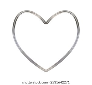 Thin silver romantic photo frame in the shape of heart. Border for wedding design. Vector template on white background