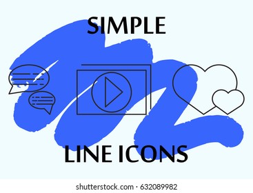 Thin simple line icons set. Icons for business and social networks.Video player, massage, likes