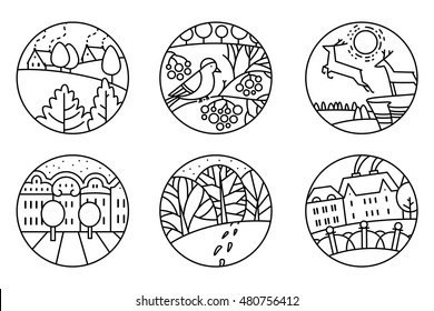 Thin simply round icons set with urban and nature landscapes. City street, cute deers, bird on the  rowan branch, facades of buildings in black and white colors