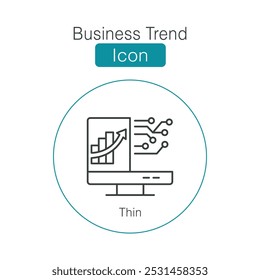 Dünnes Symbol in Vektorgrafik und Illustration. Ikone für strategische Innovation und Geschäftserfolg. Einfaches Icon von Finanzanalytik-bezogenen Vektorliniensymbolen. Grafiken und Diagramme. Bearbeitbares Vektorsymbol.
