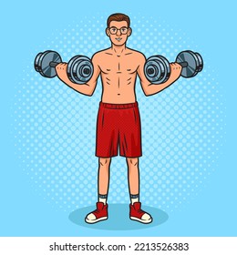 dünner Skelettmann mit Hantel im Fitnessraum Pinup Pop Art Retro Vektorgrafik. Comic-Buchstil-Imitation.