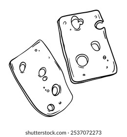 Uma fina fatia de desenho de queijo ilustração. Gravação manual de produtos láteos. Desenho de comida vetorial pintado por tintas pretas. Ícone da linha de contorno de alimentos saudáveis. Decoração para menus