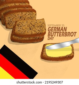 Thin slices of buttered bread with butter knife named German Butterbrot bread with bold text and German flag on light brown background to celebrate German Butterbrot Day on September 25