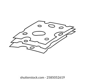 Thin slices of sliced cheese, black and white graphic illustration sketch, hand-drawn line, isolated, vector. Delicious icon element for decoration, design, label. Dairy, farm products, and food