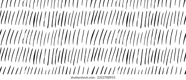 Thin small vertical lines seamless pattern. Horizontal banner with linear motif. Rainfall simple background. Vertical dashes texture, thin vector brush strokes ornament. Retro black and white texture.