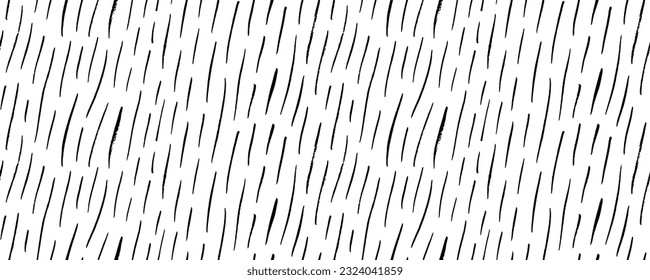 Thin small vertical lines seamless pattern. Horizontal banner with linear motif. Rainfall simple background. Vertical dashes texture, thin vector brush strokes ornament. Retro black and white texture.