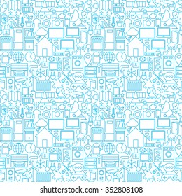 Thin Smart House Line Seamless White Pattern. Vector Web Design Seamless Background in Trendy Modern Line Style. Technology Home Outline Art.