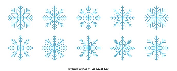 Thin Snowflakes icon set. Minimalist blue Snow sign. Delicate winter season line decoration. Editable stroke. Vector Illustration graphic for holiday banner poster card wrapping New year Christmas