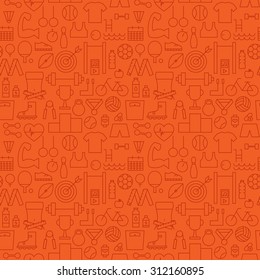 Thin Sport Line Activity Exercise Seamless Orange Pattern. Vector Fitness Design And Seamless Background In Trendy Modern Line Style. Thin Outline Art