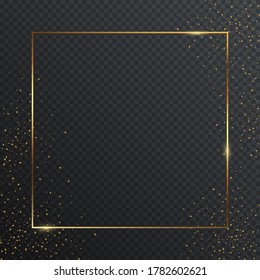 Thin square golden geometric border and confetti on dark transparent background. Glossy banner with copyspace. Vector elegant colorful wallpaper design.