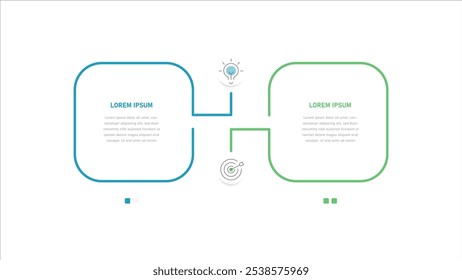 Um infográfico de negócios em dois estágios, quadrado e fino, para apresentação, que consiste em dois estágios, processos para atingir metas. Infográficos com ícones