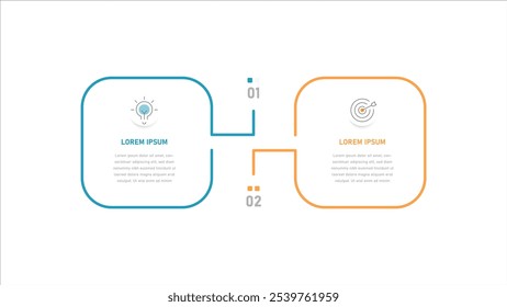 Um infográfico de negócios em dois estágios, quadrado e fino, para apresentação, que consiste em dois estágios, processos para atingir metas. Infográficos com ícones