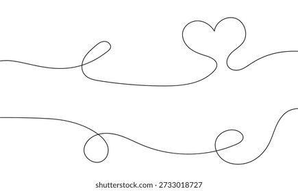 Conjunto de coração de linha de rabisco fino. Wiggle stripe ondulado. Cabeça curvada ou linhas de fio para decoração, separado, divisor. Formas de doodle lineares onduladas emaranhadas. Vetor