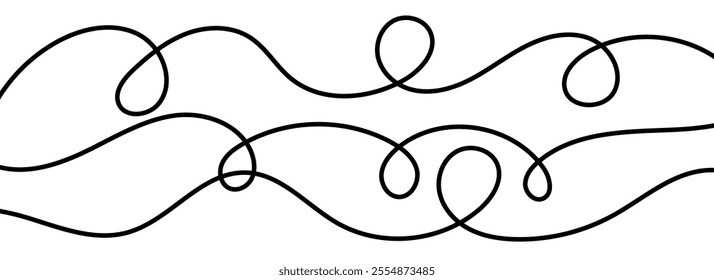 Thin squiggle lines. Wavy wiggle stripe pattern collection. Curvy thread or yarn lines for ornament, decor, separate, divider. Tangled squiggly linear doodle shapes. Vector