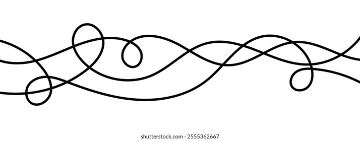 Thin squiggle lines. Wavy wiggle stripe pattern decoration. Curvy thread or yarn lines for ornament, decor, separate, divider. Tangled squiggly linear doodle shapes. Vector