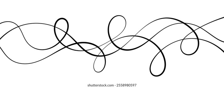 Thin squiggle lines. Wavy wiggle stripes pattern decoration. Curvy thread, string or yarn strikes for ornament, decor, separate, divider. Tangled squiggly linear doodle wave shapes. Vector