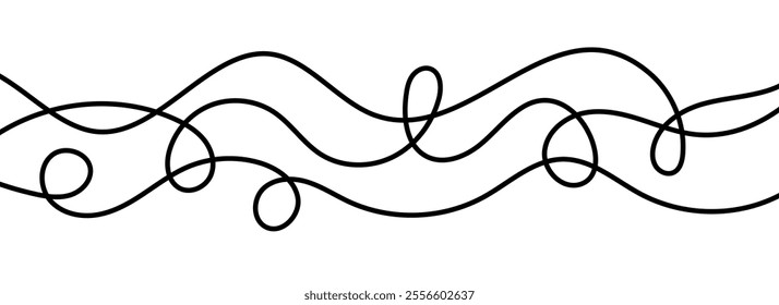 Thin squiggly lines. Wavy wiggle stripe pattern decoration. Curvy thread or yarn lines for ornament, decor, separate, divider. Tangled squiggle linear doodle shapes. Vector