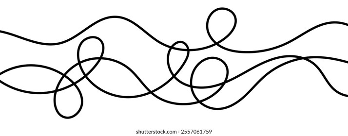 Thin squiggly lines. Wavy wiggle stripe pattern decoration. Curvy thread, string or yarn lines for ornament, decor, separate, divider. Tangled squiggle linear doodle shapes. Vector